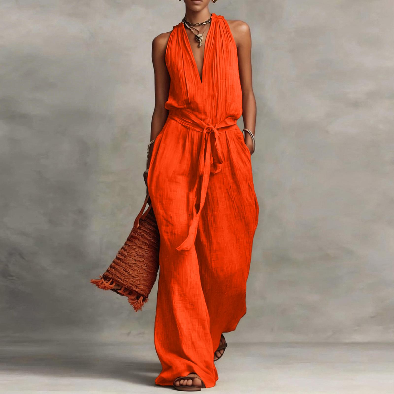 

Sleeveless Neck Wide Leg Jumpsuit with Adjustable Waist Tie and Pleated Detailing for Women Casual Style XL шафрановий