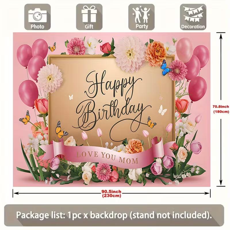 Love You Mom Birthday Party Tapestry, Pink Flower & Butterfly Photo Booth Decor