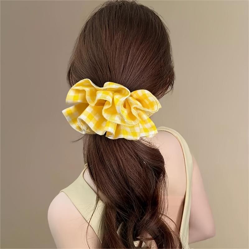 1pc Cute Sweet Yellow Gingham Double-Layer Scrunchie Hair Tie - Large Elastic Hair Accessory for Women, Ponytail Braid Bun Updo, Cute Hair Accessories