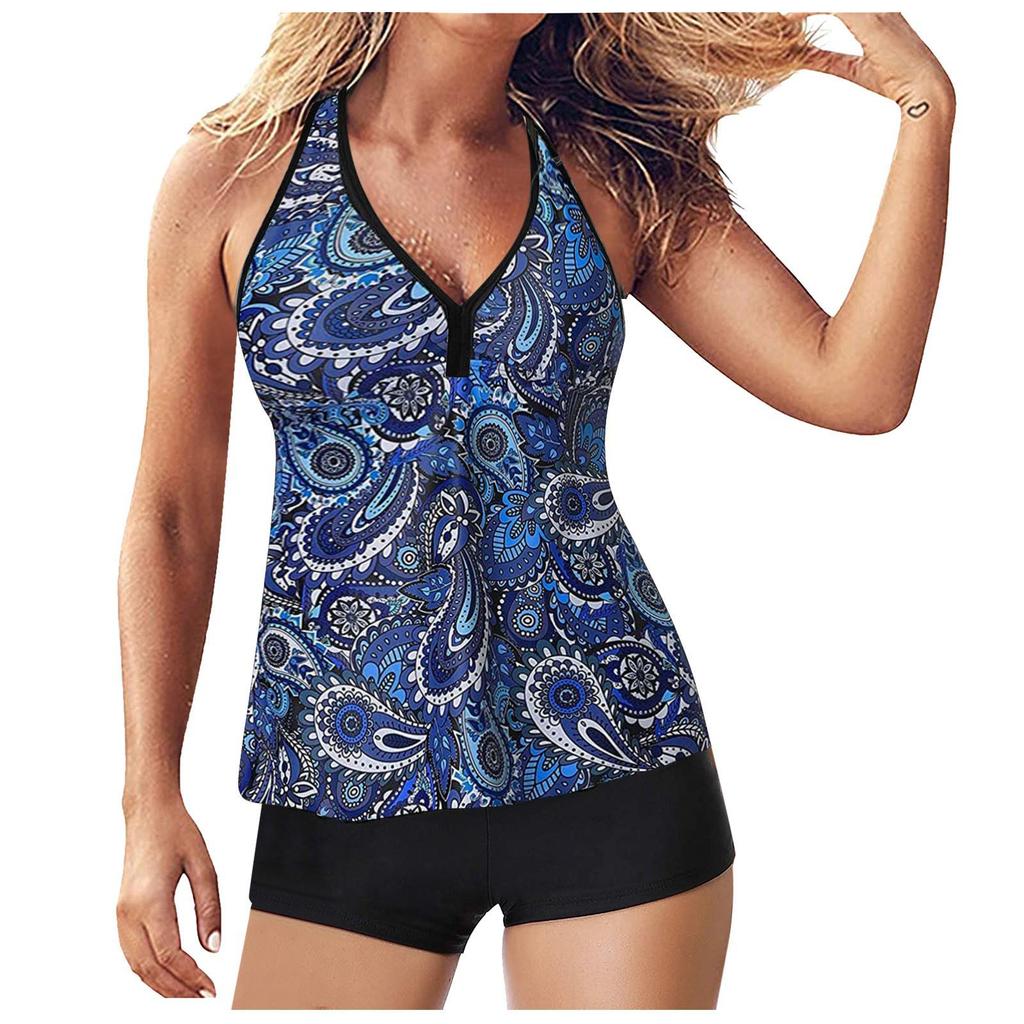 European & American Women's High-Waist Printed Skirted Tankini Swimwear