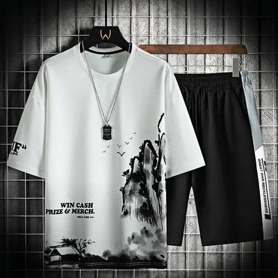 Zomer Tweedelige Set Mannen Harajuku Gedrukt Trainingspak Korte Mouw Shorts Sets Heren O-hals Ademende Casual Sportkleding Kleding