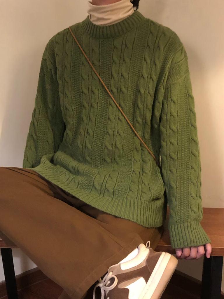 Men's Retro Japanese Cable Knit Sweater - Autumn/Winter Loose Fit, Round Neck Stylish Knitwear