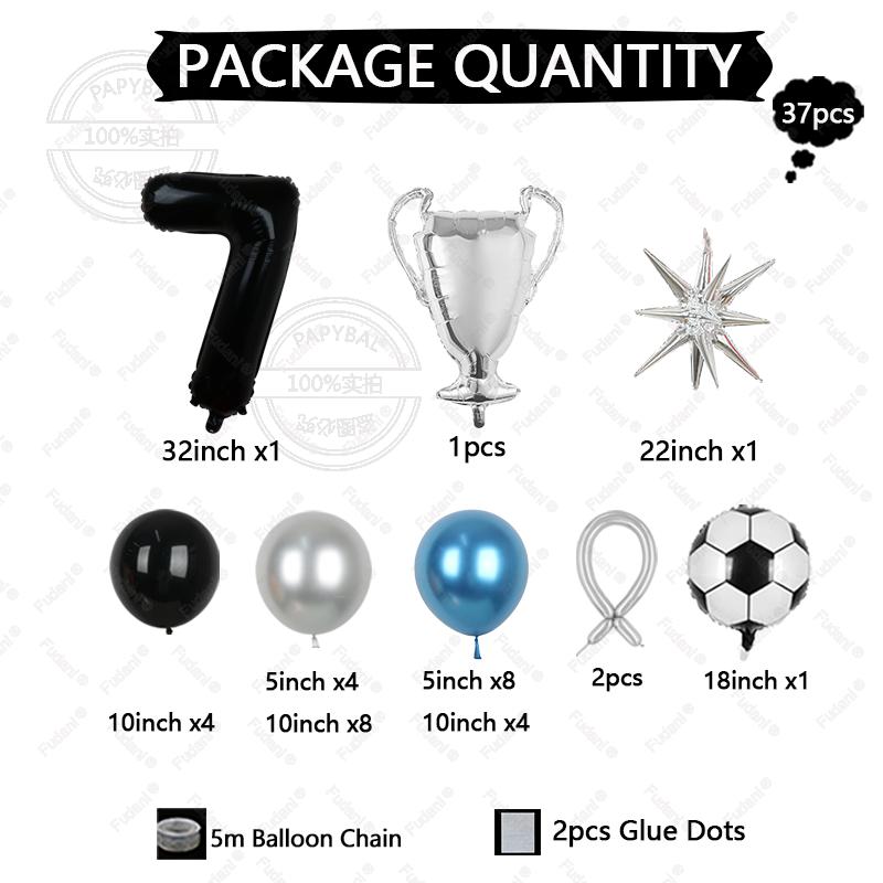 37pcs Silver Trophy Football Balloon Black Number 1-9 Birthday Balloon Set Sports Theme Party Decoration Festival Supplies