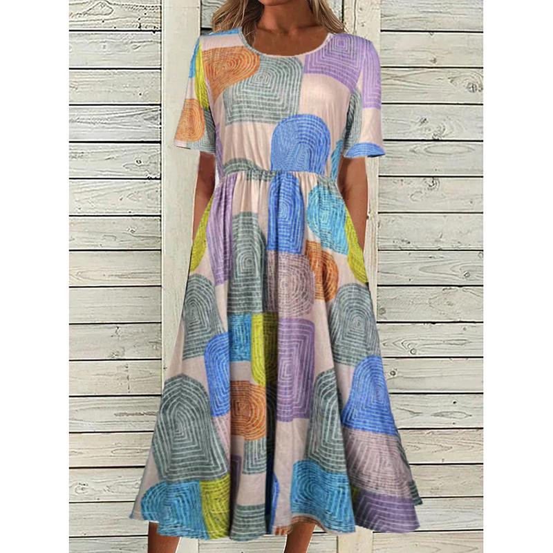 Summer Bohemian Printed Plus Size Women's Dress Fashion Round Neck Short Sleeve Casual Long Dresses Women Elegant A Line Vacation Beach Dress 26653