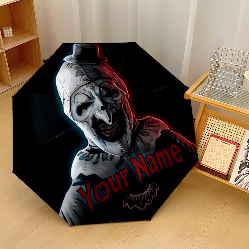 Custom Text Automatic 8 Bone Umbrella, Portable Sun Rain Protection UmbrellaTerrifier Art the Clown