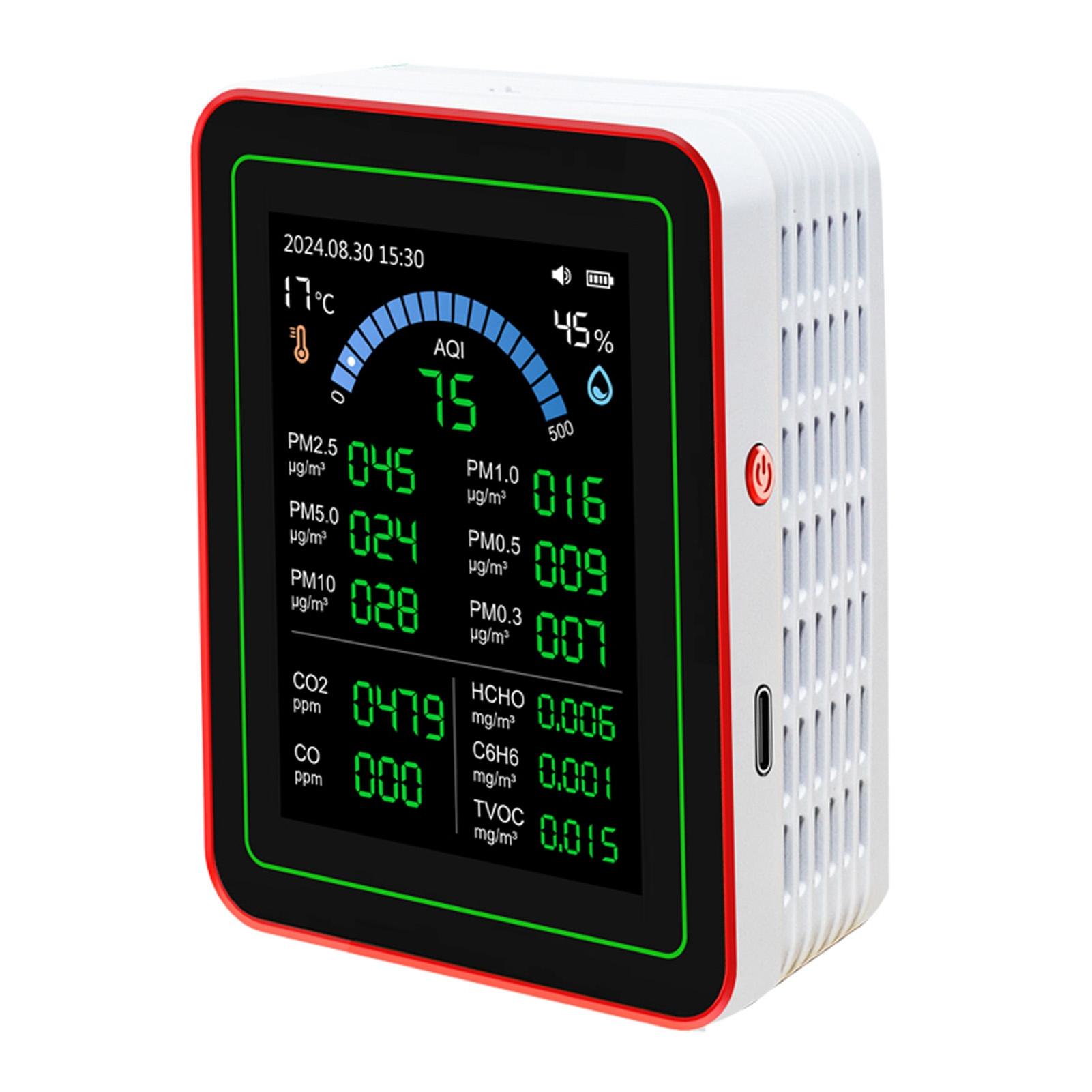 

Air Quality Meter 18 in 1 CO2 TVOC HCHO PM2.5 PM10 Temp Humid Detect Tester Indoor Battery Powered Data Storage