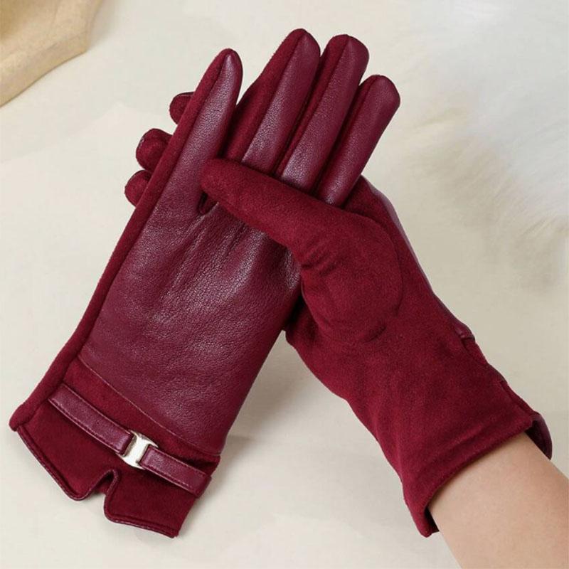Women's Protein PU Leather Suede Touch Screen Compatible Fashion Commuting Thick Velvet Insulated Belt Buckle Riding Gloves