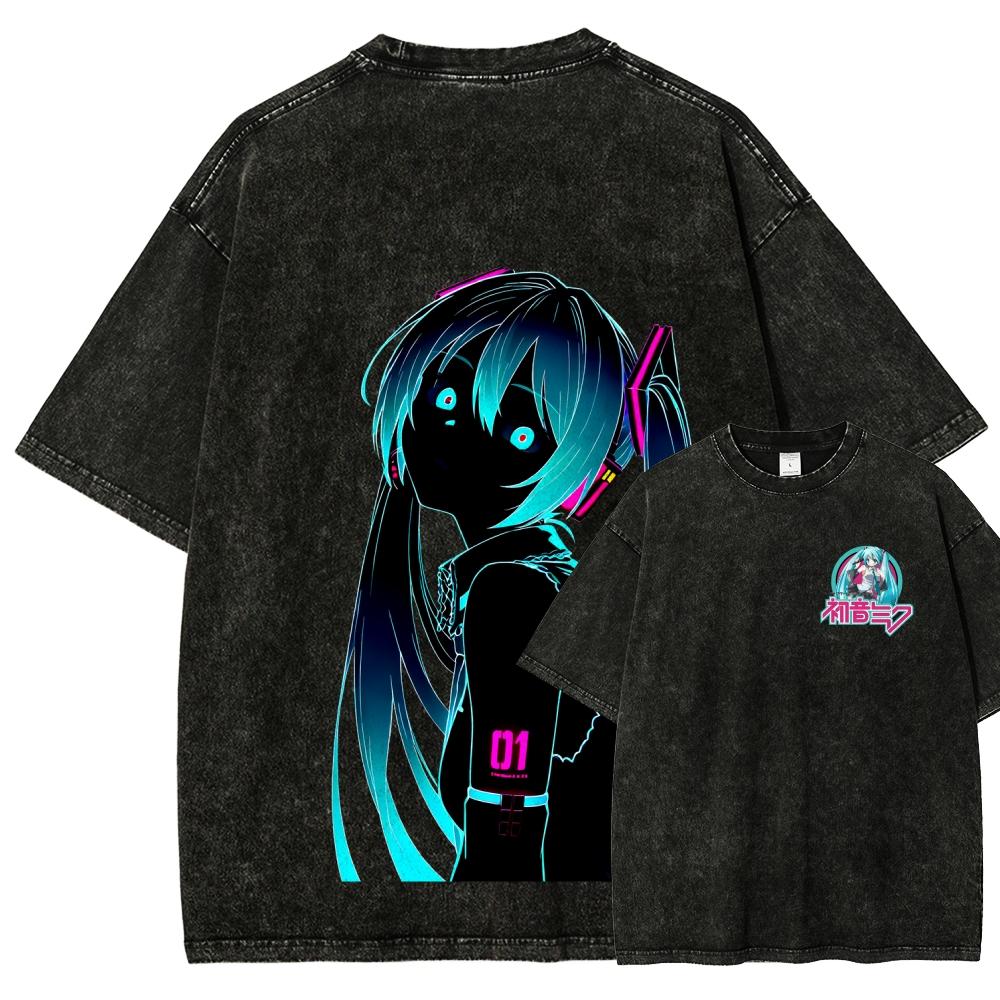 T-shirt Lavé Amoureux d'Anime Hatsune Miku Vêtement toute l'année haute qualité personnalité Vêtements Grande Taille Unisexe Nouveau Modèle T-shirt Couples