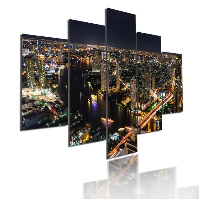5 Pieces Modular Picture Bustling Cityscape Poster HD Printed Wall Art Modern Metropolis Skyscrapers Canvas Painting Home Decor