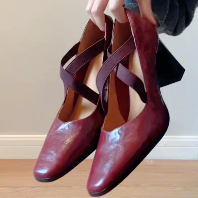 Comfortable Cross-tied Chunky Heel Pumps Women Elegant Square Toe Shallow Mouth Sandals Fashion Office Brand Shoes Tacones Mujer