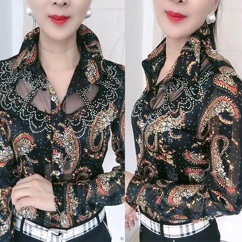 Women'S Blouse Tops Summer Lace Chiffon Shirts Lapel Stitching Printing Buttons Female Blusas Offce Lady Shirts Chemises Fleurs