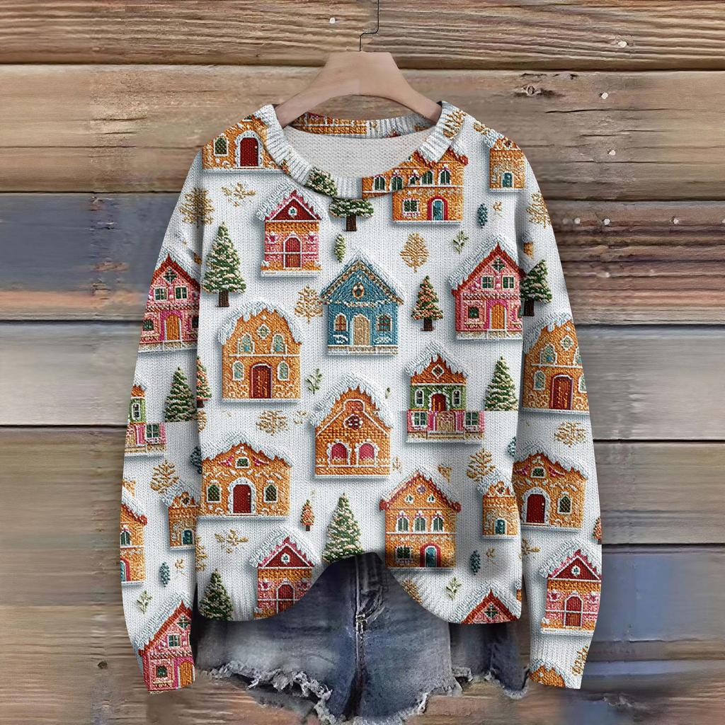 Pulls à manches longues pour femmes Col O Décontracté Mignon Tricot Imprimé Pull Oversize