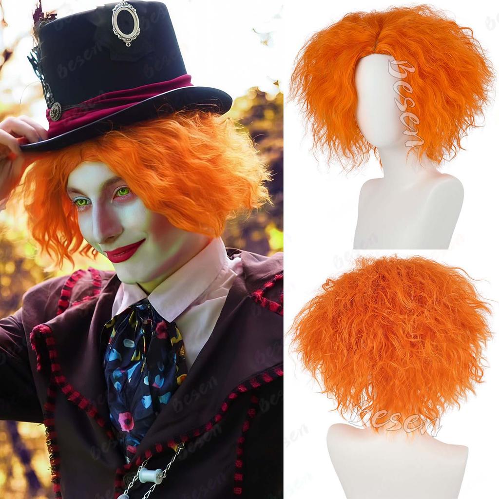 Perucă sintetică scurtă portocalie creț pentru Cosplay Halloween Anime Peruci amuzante Unisex Perucă Cosplay dezordonată Joc de rol Perucă Pălărier Nebun