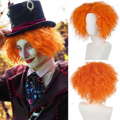 Perucă sintetică scurtă portocalie creț pentru Cosplay Halloween Anime Peruci amuzante Unisex Perucă Cosplay dezordonată Joc de rol Perucă Pălărier Nebun