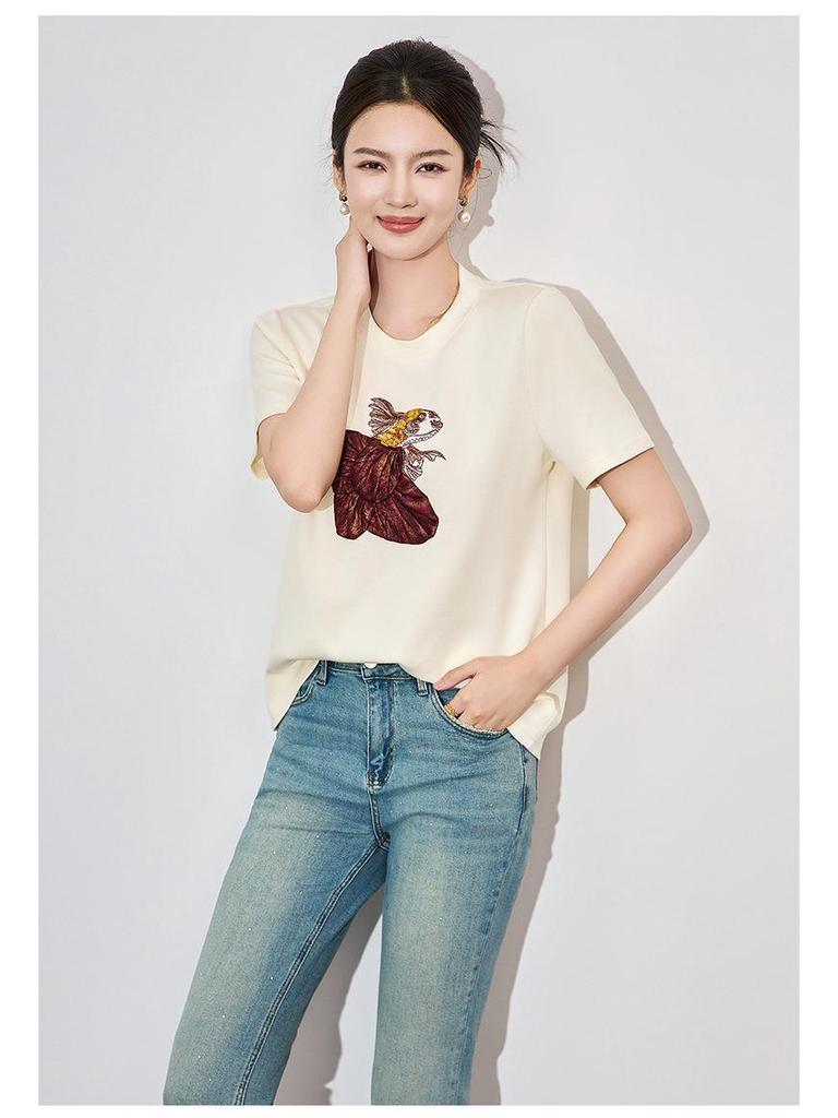 Three-Dimensional Goldfish Sequin Embroidery High Elastic Fashion Casual T-shirt