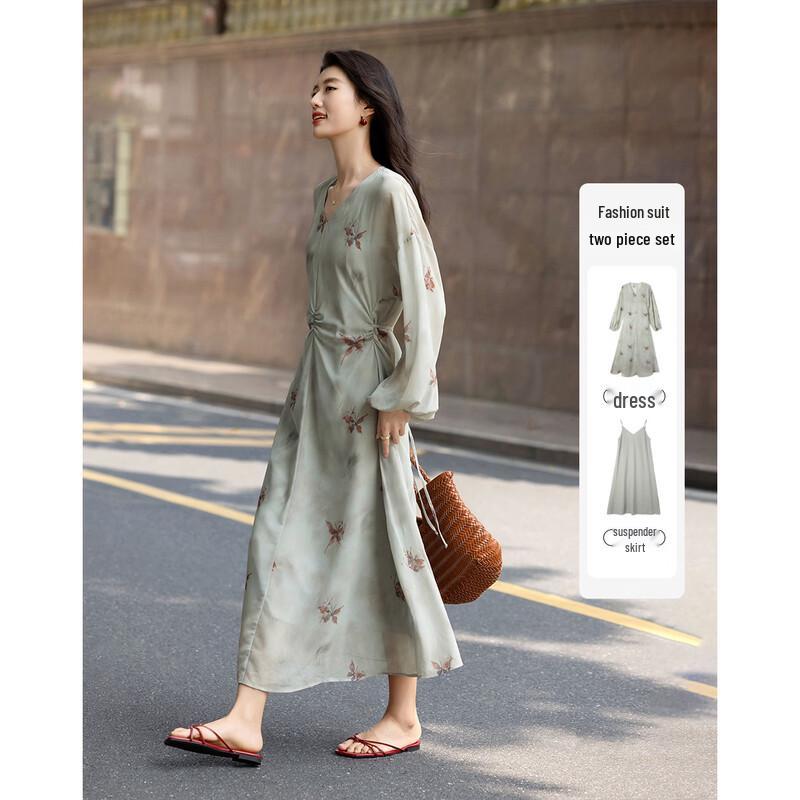 Demana Flowy Chiffon V-Neck Printed Midi Dress L