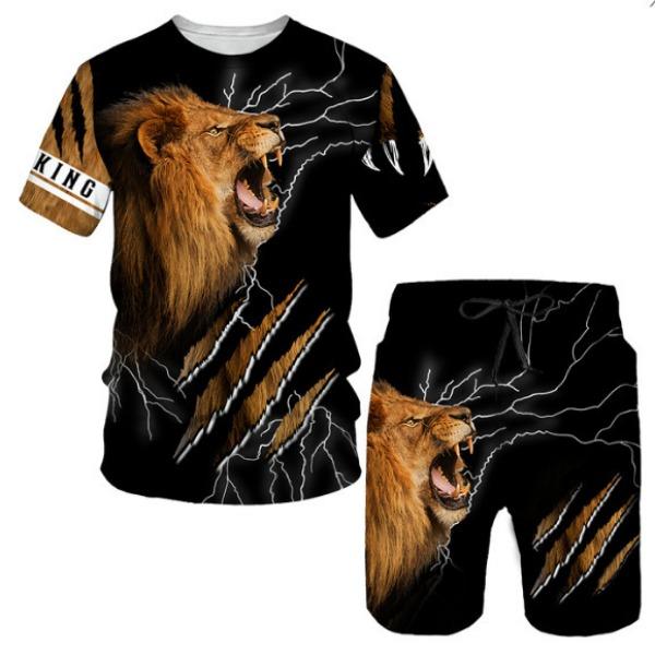 Summer Round Neck 3D Lion Printed Set Fashionable and Casual Short Sleeved Shorts Men's Clothing Sets Sport Wear