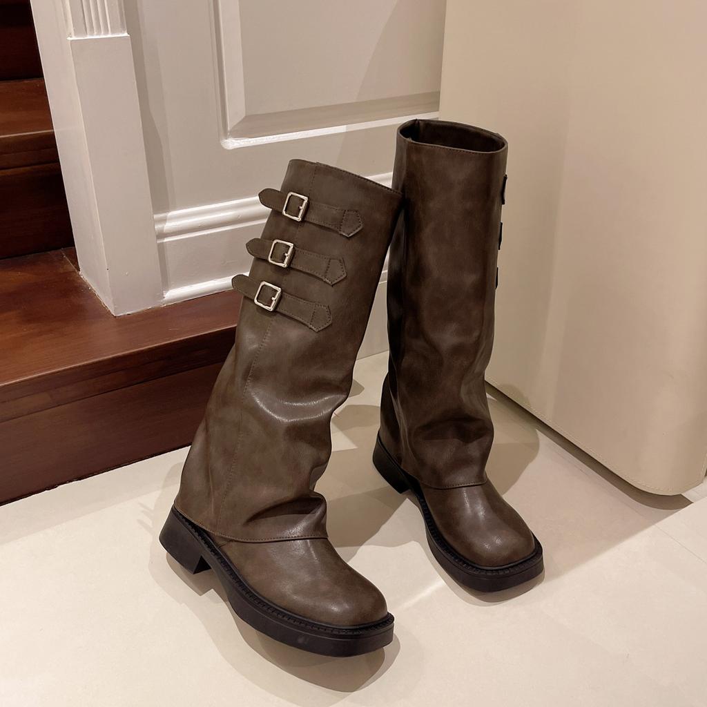 Botas de cavaleiro de sola grossa, bico redondo retrô, novas para primavera e outono de 2025, perna longa, botas de empilhar, botas de perna alta, botas longas