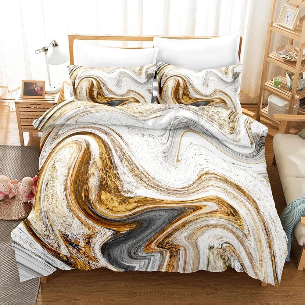 Conjunto de Cama de Luxo Mármore Branco e Dourado Tamanho Casal King Simples Marmorizado Conjunto de Capa de Edredom com Fronha Decoração Moderna para Quarto Conjunto de Cama