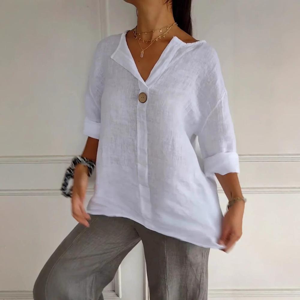 Women's V‑Neck Half‑Sleeve Oversized Button‑Detail Breathable Linen‑Blend Casual Summer Blouse