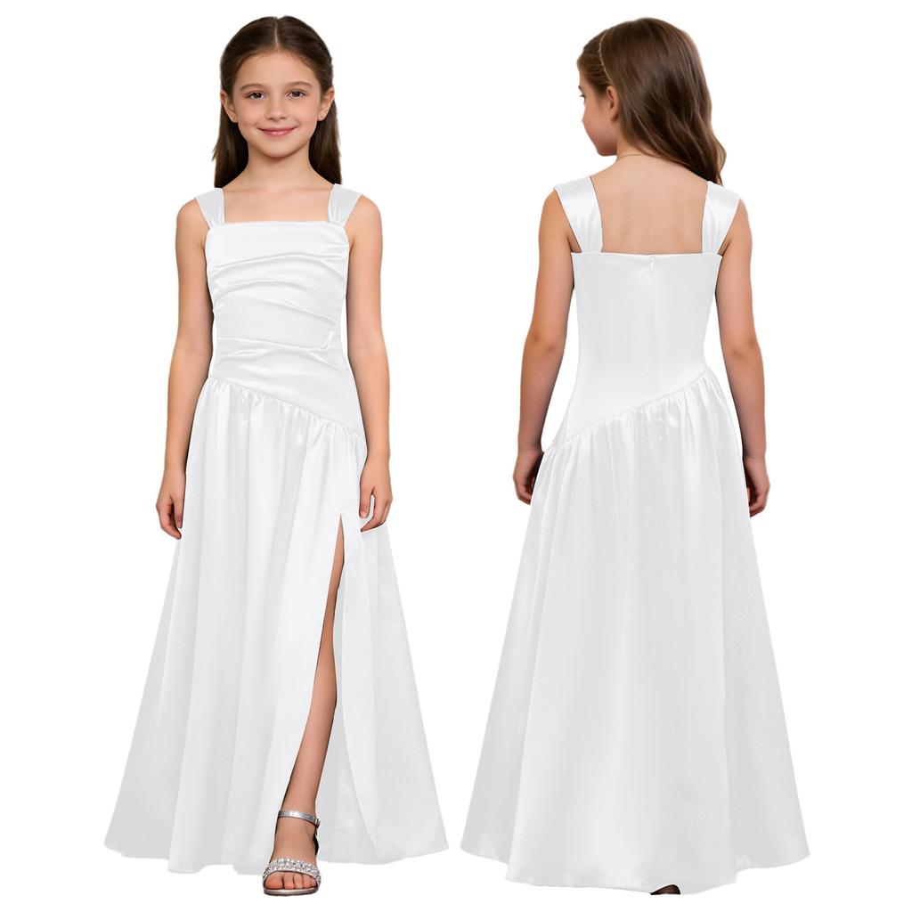 Robe de Soirée Satinée Fleurie pour Fille Sans Manches Corsage Froncé Taille Basse Asymétrique Robe Coupe A Ligne Fente Latérale pour Mariage Baptême