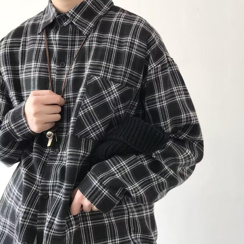 Spring Men's Retro Loose Plaid Hoodie Long Sleeve Shirt - Korean & Hong Kong Style