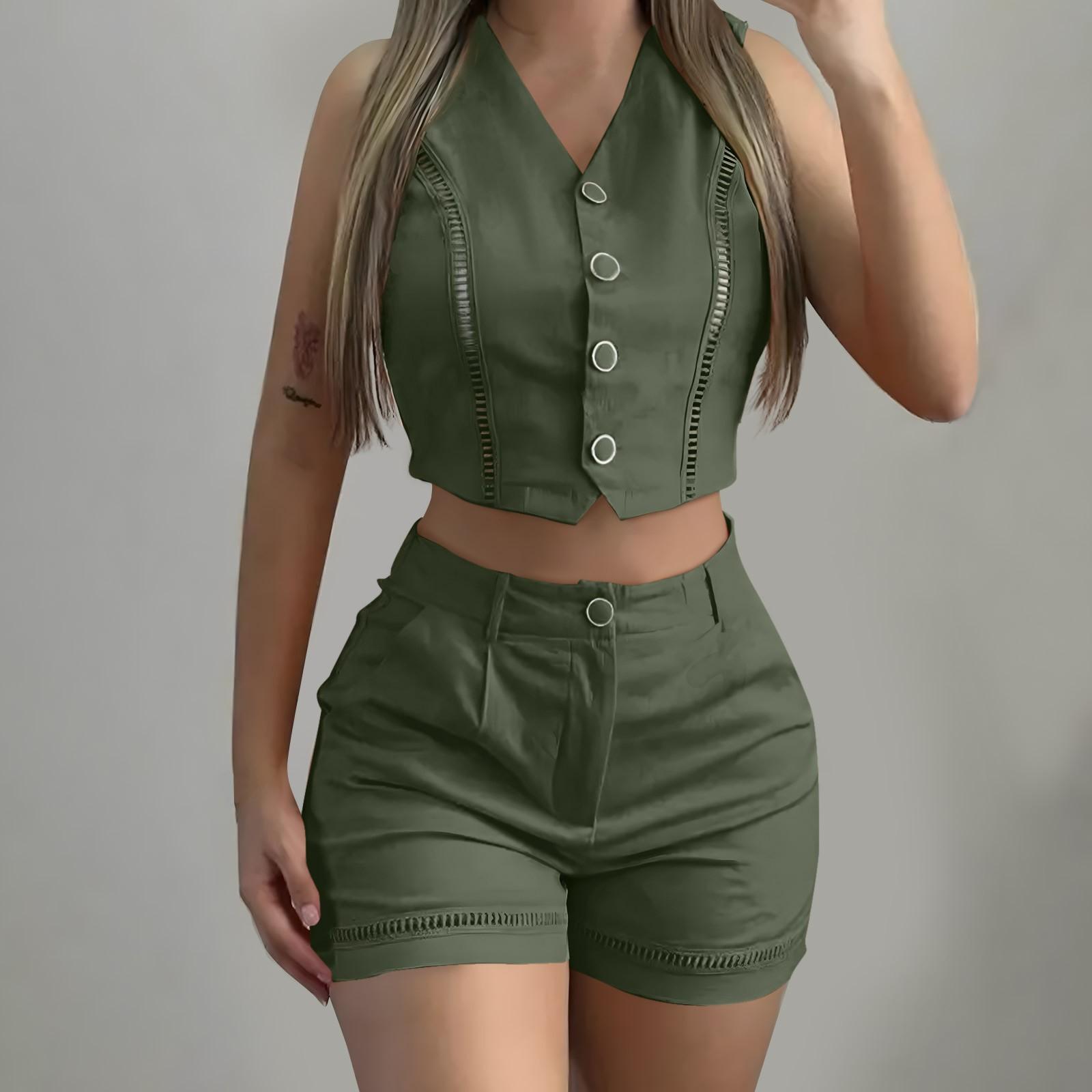 

Женский летний модный повседневный жилет с пуговицами и шортами костюм женская одежда L
