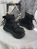 Goth Dark Punk Rock Muffin Women's Platform Shoes Black Matte Ankle Hook and Loop Side Buckle Strap-up Short Boots 7cm