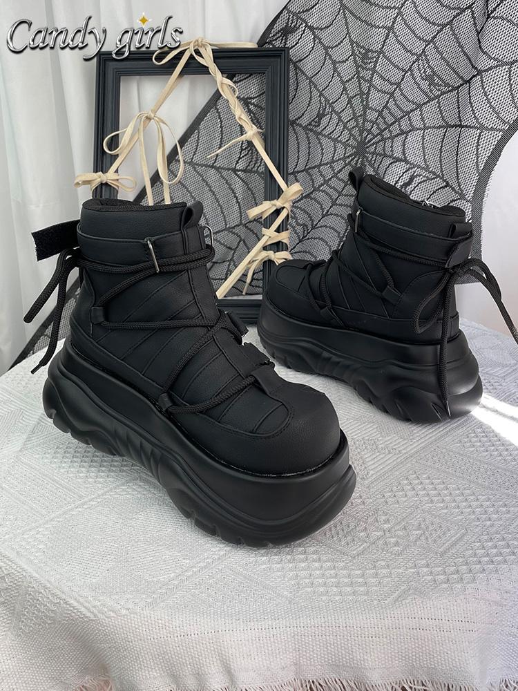Goth Dark Punk Rock Muffin Women's Platform Shoes Black Matte Ankle Hook and Loop Side Buckle Strap-up Short Boots 7cm