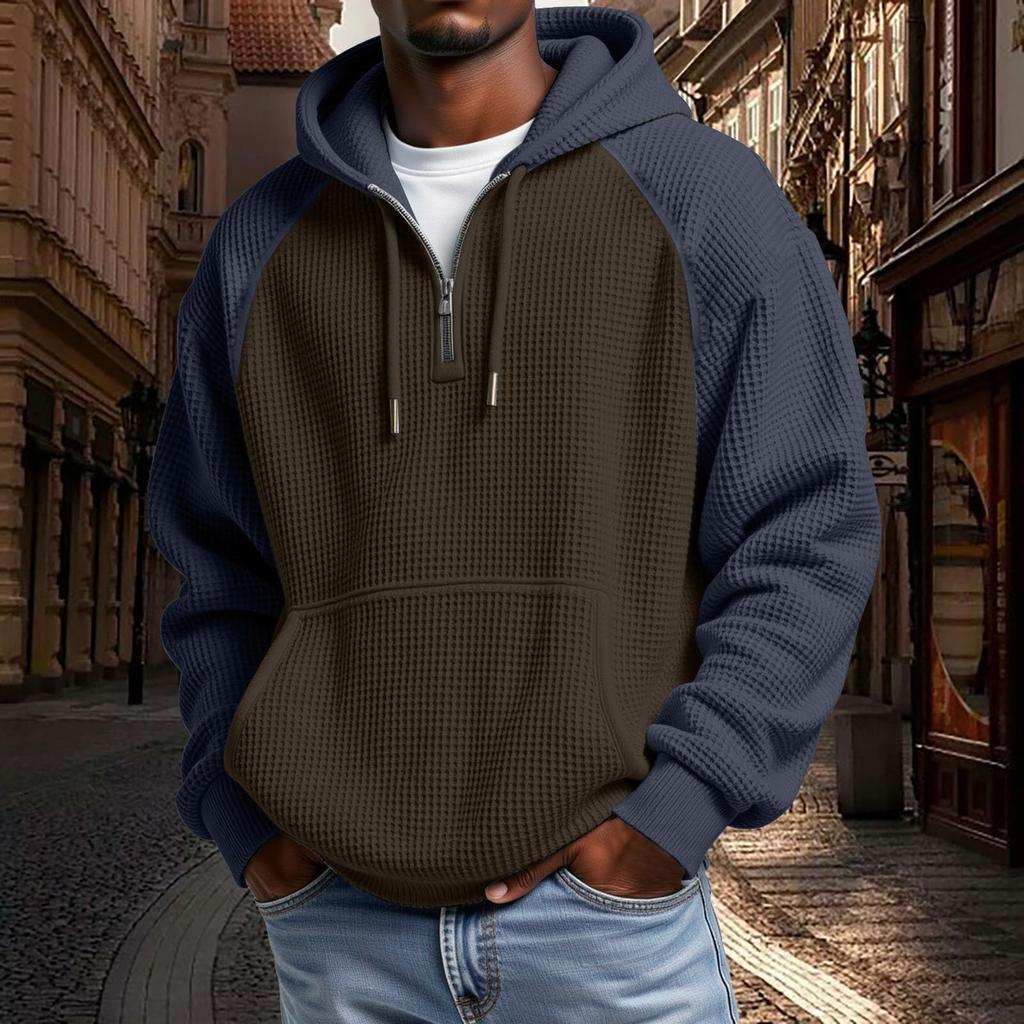 Mens Hoodies Pullover QuarterCasaul Long Sleeve Drawstring Knit Hooded Sweatshirt With Pocket