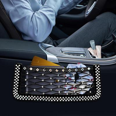 Car Storage Net Rhinestones Decorative Car Wall Net Grocery Bag Multifunctional Purse Phone Holder Pocket Adhesive Car Seat Side