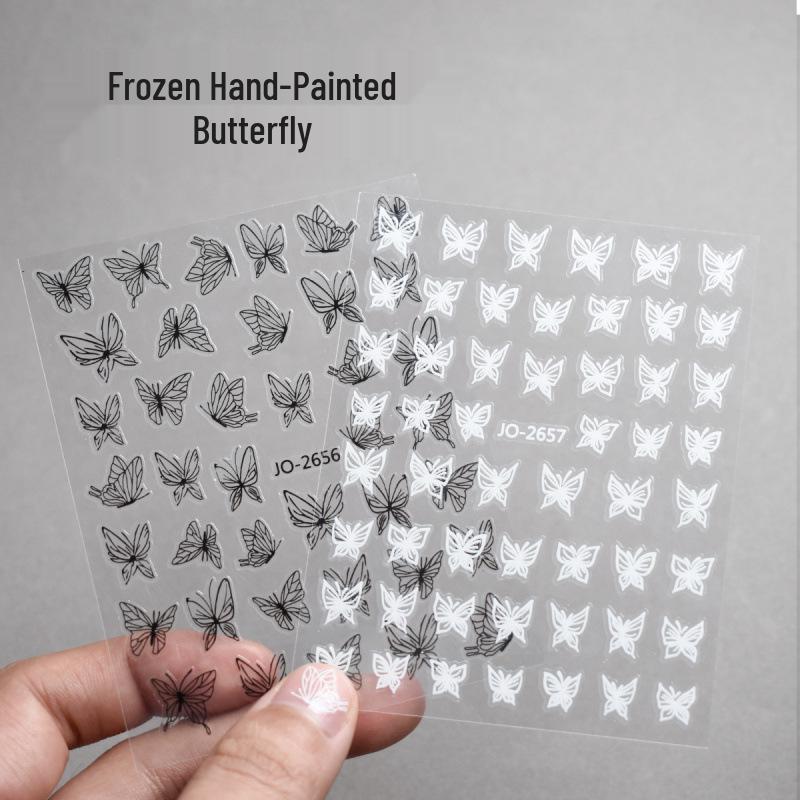 Retro Minimalist 3D Hand-Painted Butterfly Nail Stickers - Gold, Black & White
