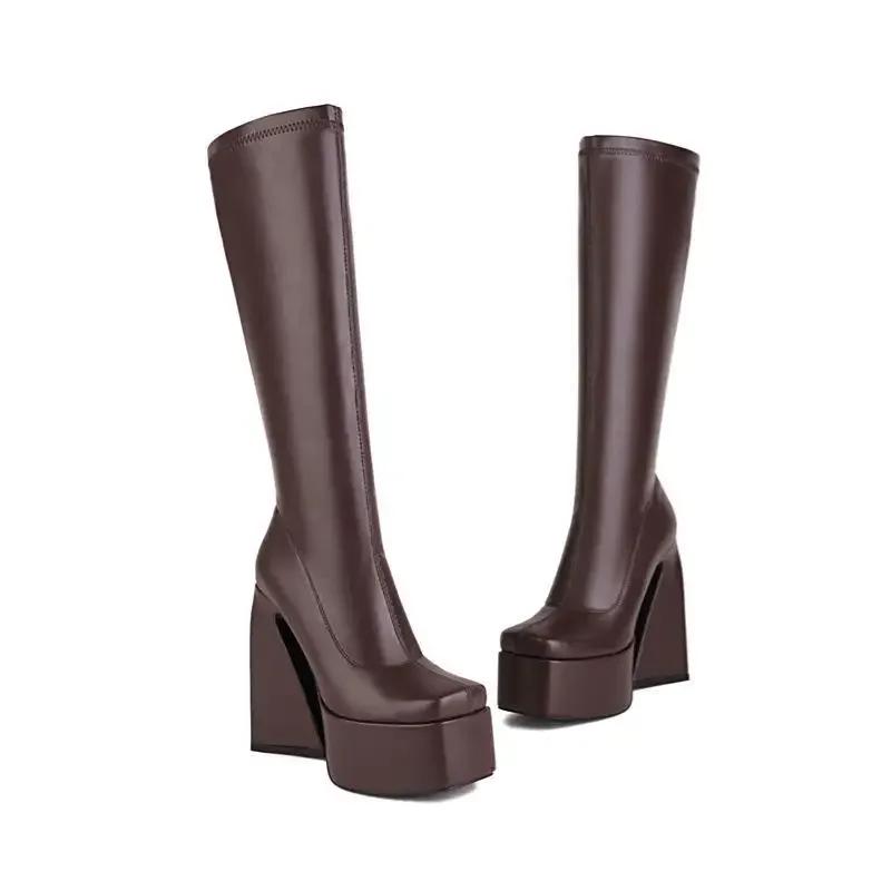 

Elegant Women s Boots Knee High Street Style Fashion Boot 14CM Alien Heel Tyle Thick Soled High-heeled Fashionable Elastic Boots 39 червоно-жовто-коричневий