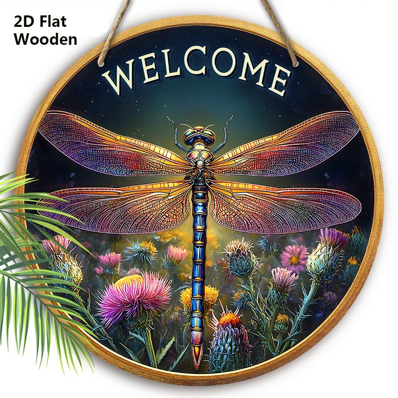 

Rustic Wooden Welcome Sign with Dragonfly Pattern - Decorative Hanging Plaque for Front Door, Wall Decoration 20cm/7.87in фиолетовый