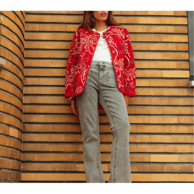 Damen Retro Bedruckte Patchwork Baumwolljacke Rundhals Lässige Bequeme Jacke