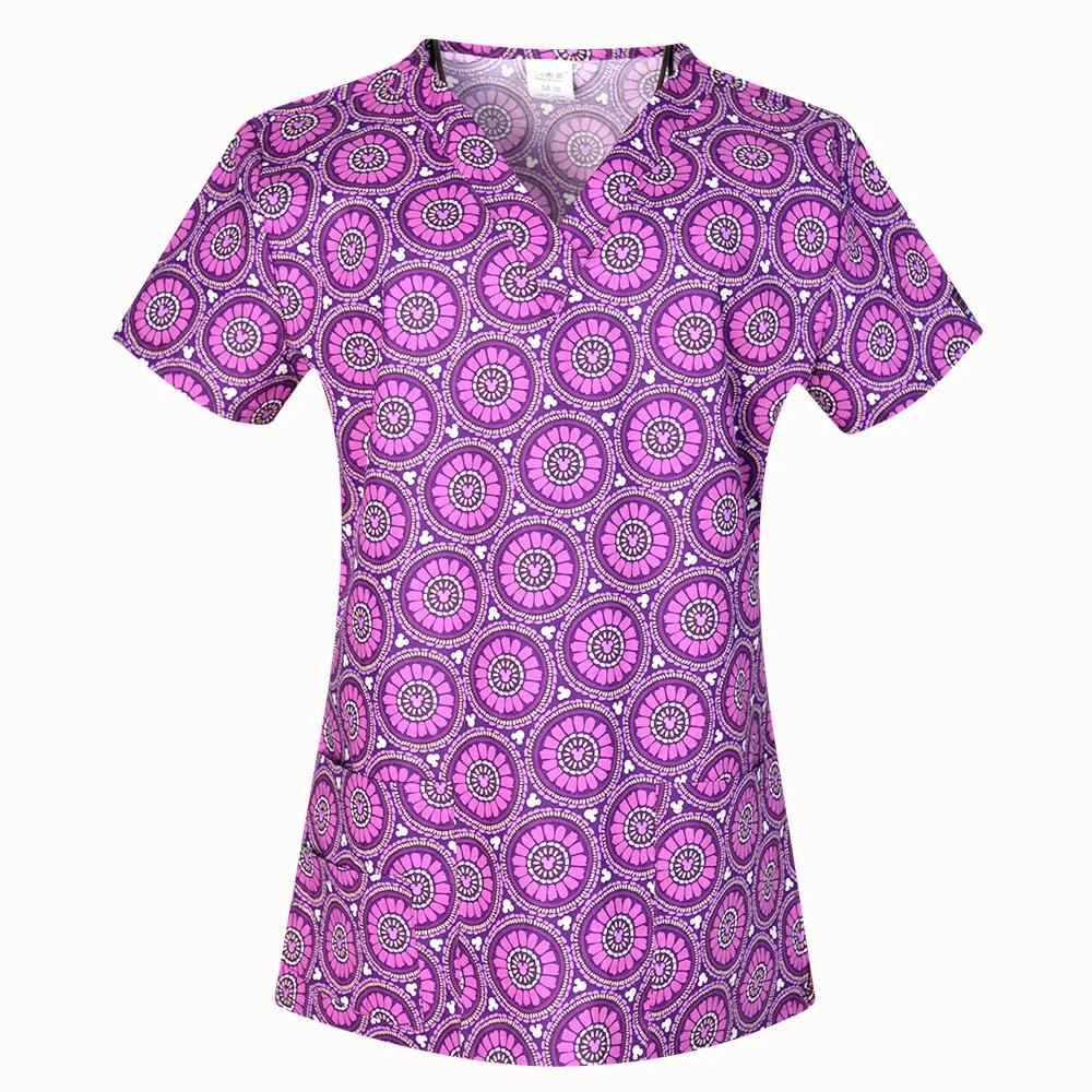 Hennar Uniforme de Trabalho Feminino 100% Algodão Estampado Uniformes Decote V Manga Curta XXS-3XL Hospitalar Clínico Uniforme de Trabalho Top
