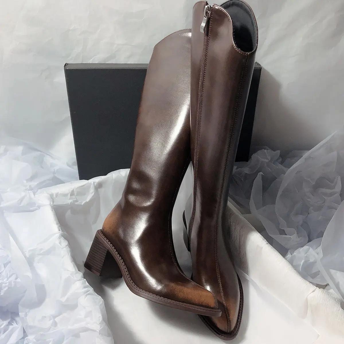 

Женские длинные сапоги, элегантные туфли на высоком каблуке, черные туфли на каблуке до колена, модные водонепроницаемые туфли 2024 года из искусственной кожи, шикарные сапоги 40