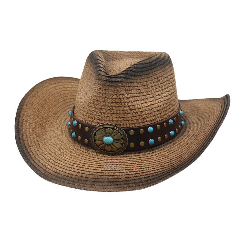 Turquoise Totem Hollow Straw Hat Female Summer Outdoor Travel Shading Mountaineering Western Cowboy Straw Hat Male