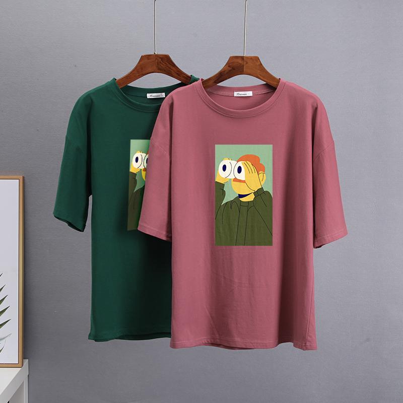 Hirsionsan Nya roliga tecknade T-shirts Kvinnor Kawaii Casual Oversized Tees Par Mjuk bomull O-hals Kvinnliga Grafiska Toppar