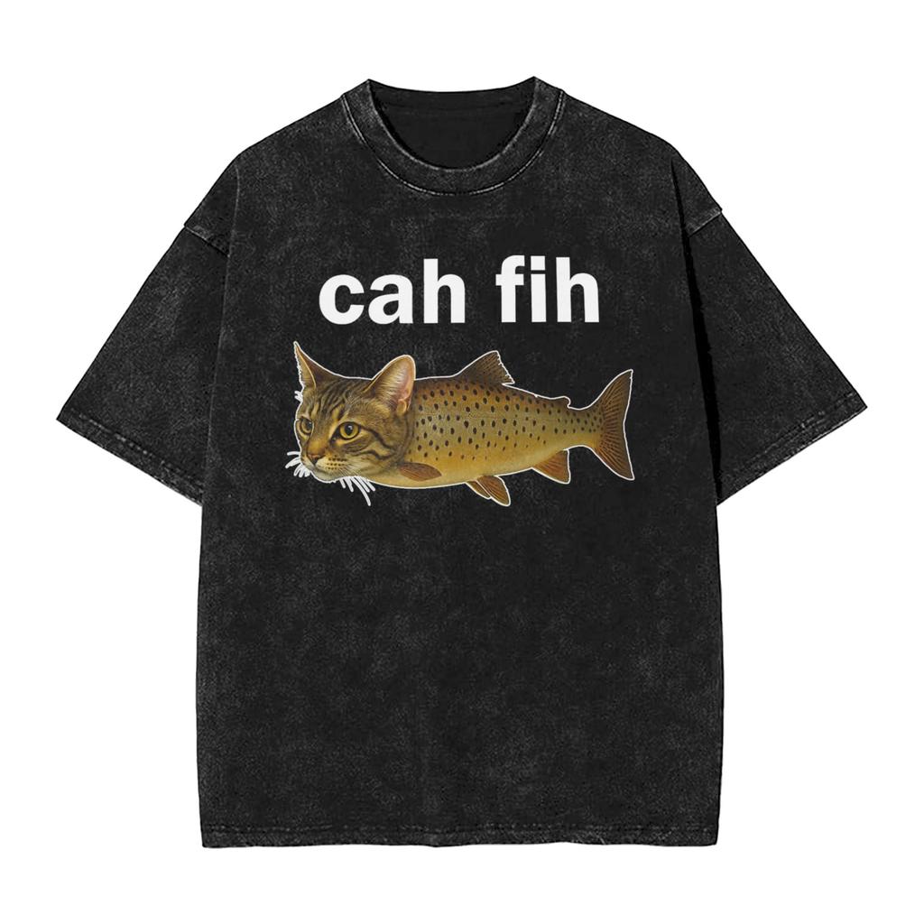 Cahfih Funny Catfish Fih Meme Washed T Shirt Man Y2k Basic Cotton T Shirts Summer Oneck Harajuku Tees Loose Oversized Clothing