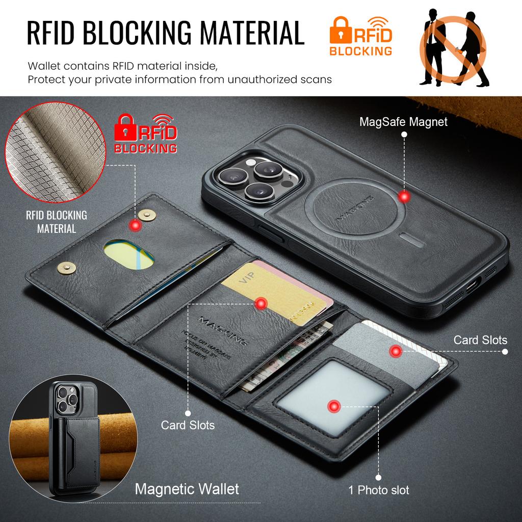 MAGKING K2 Series For iPhone 16 Pro Case Compatible with MagSafe PC+TPU+PU Leather RFID Blocking Phone Cover with Wallet