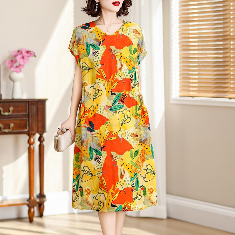 Vintage Long Dresses for Women Short Sleeve Elegant Plus Size Dress Loose Summer Clothes