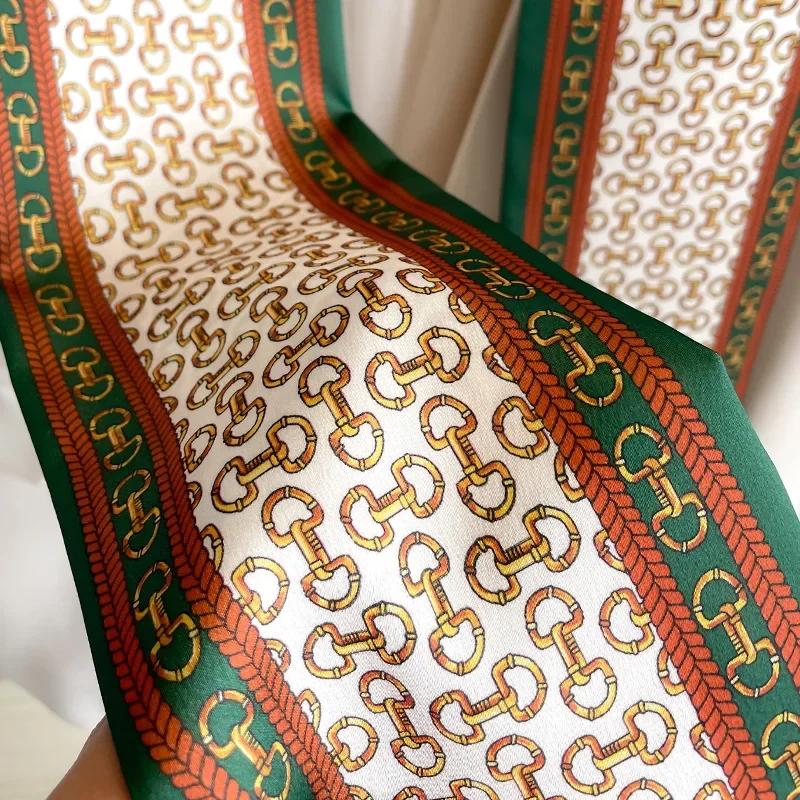 Fashion New Small Silk Scarf Women Tie Bag Headband Chain Printing Hairband Korean Style Neckerchief Ribbon Luxury Brand
