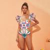 2024 European & American Women's Enamel Print Ruffle Swimsuit Set