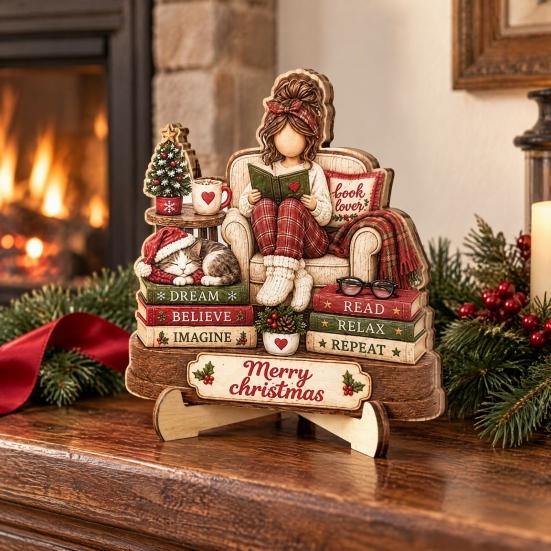 Retro Christmas Centerpieces Book Lover Gifts for Women, Just A Girl Who Loves Wooden Plaque, Winter Home Decor 2D Flat Reading Block Sign with Stand