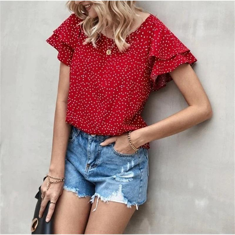 Womens Summer Red Polka Dot Print Blouse With Ruffle Short Sleeves Casual Round Neck Versatile T Shirt