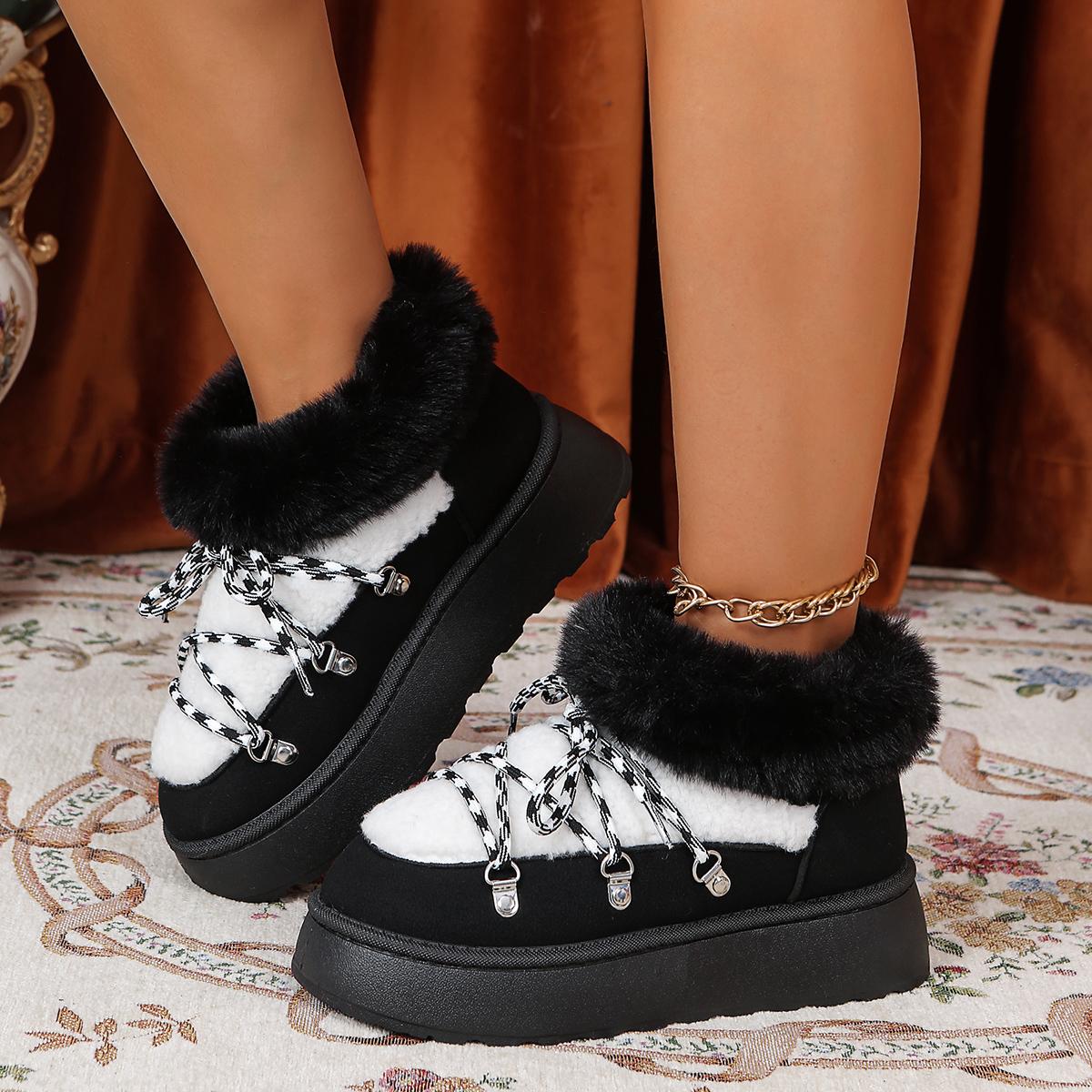 

Cross Strap Decoration Short Plush Snow Boots Women 2025 Winter Faux Fur Round Toe Botas Soft Thick Bottom Boots 43 чёрный