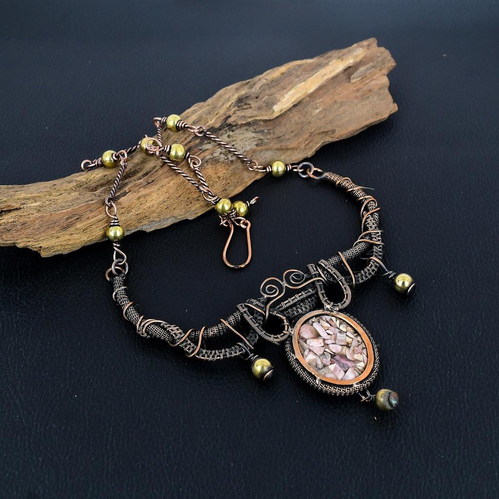Copper Rhodochrosite Necklace Gemstone Jewelry, 999 Copper Wire Wrapped Necklace, Adjustable Handmade Chain Necklace Gift For Wife Jewelry