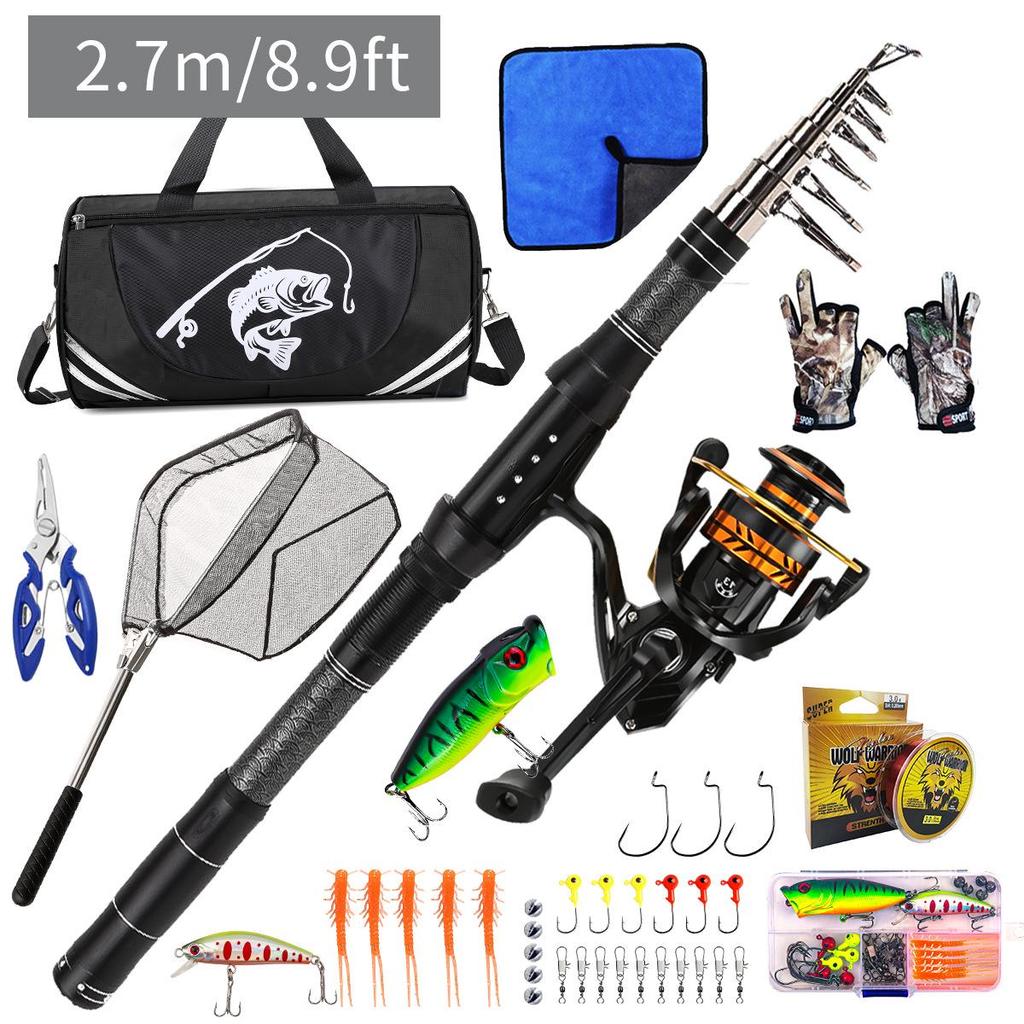 Portable Carbon Lure Rod Set with Fishing Gear Bag & Landing Net for Long Cast