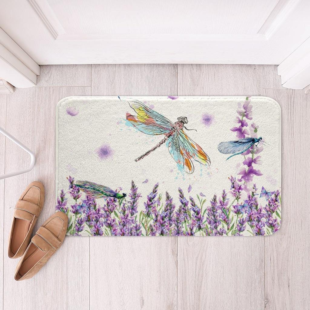 Purple Flowers Rug Watercolor Lavender Carpet Romantic Floral Doormat for Girls Teen,Wild Country Style Garden Flower Floor Mat